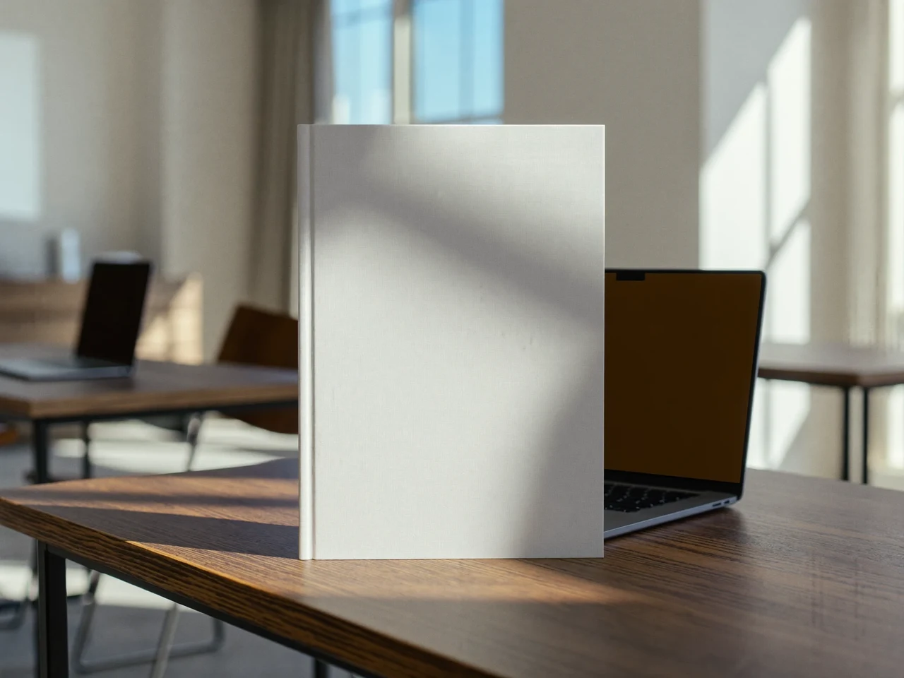 Aula luminosa con libro chiuso e laptop spento su una scrivania in legno