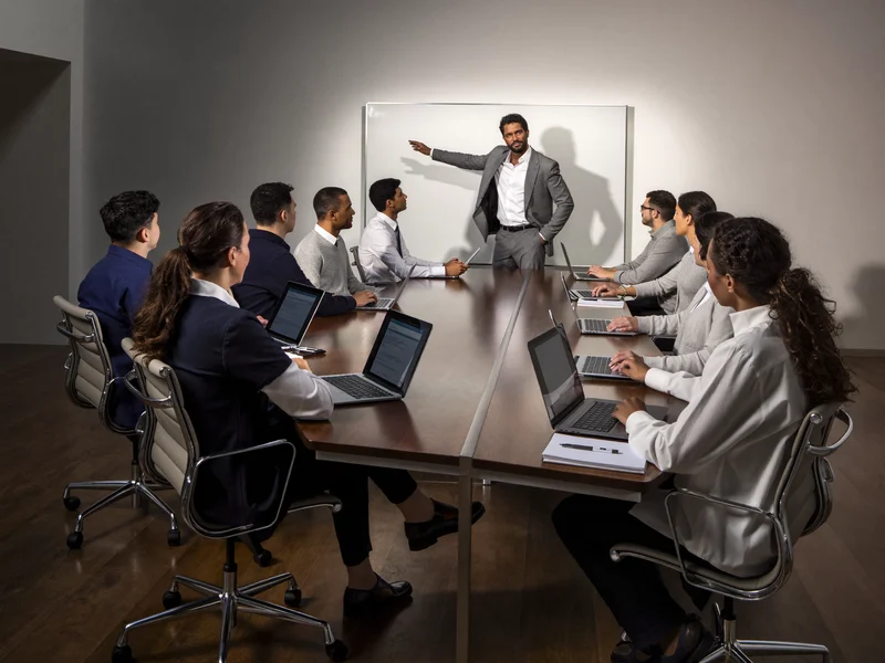 Gruppo di partecipanti in laboratorio in un'aula luminosa, ripreso da dietro