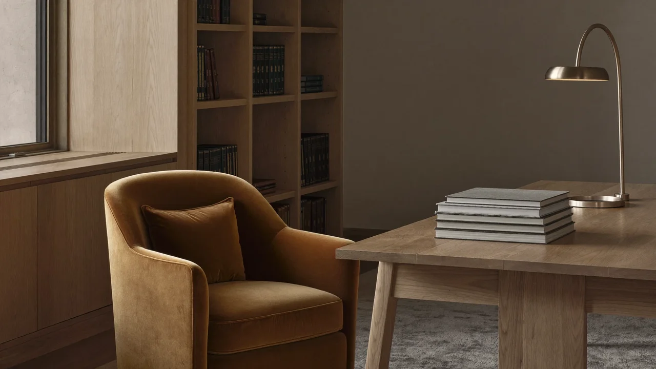 Angolo di studio tranquillo con poltrona, libri impilati e lampada da scrivania